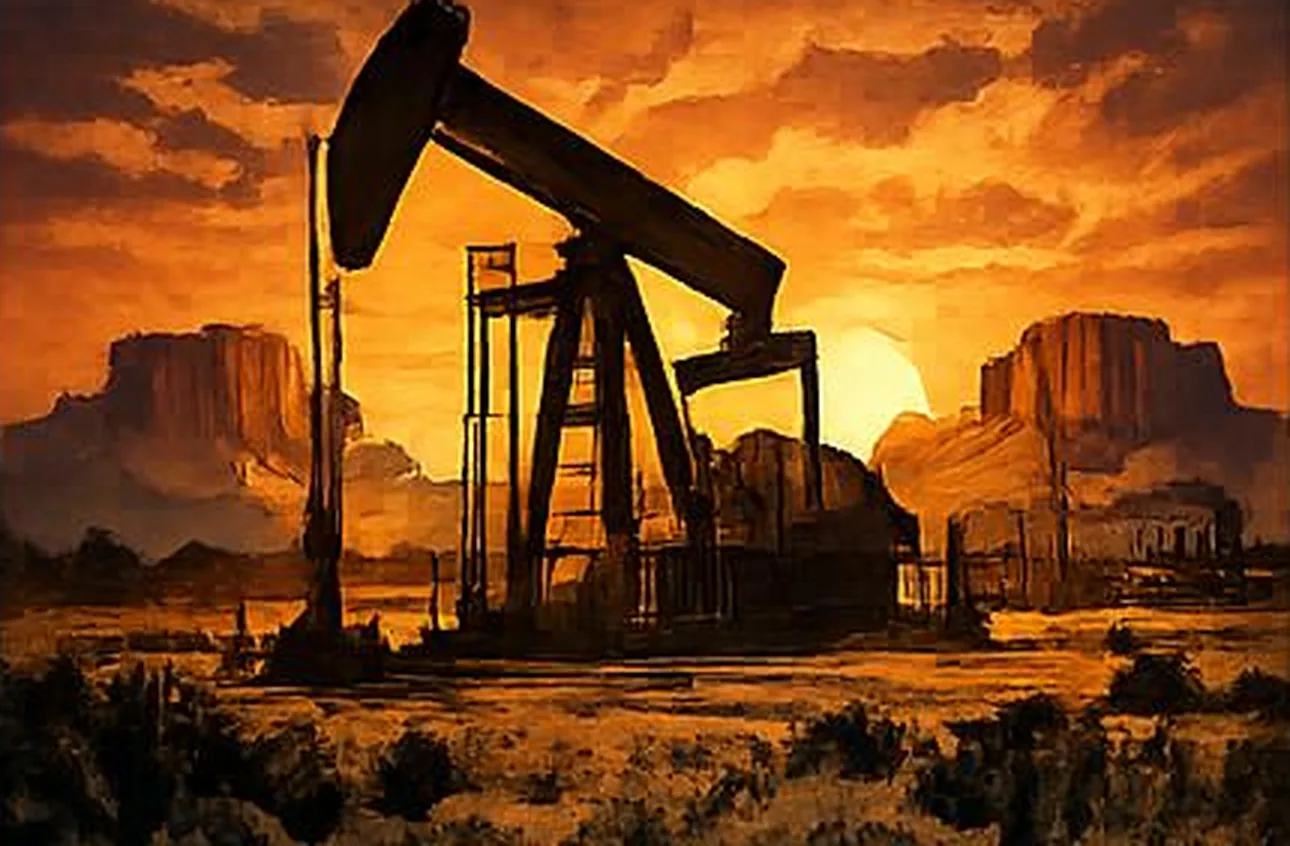 Pump jack silhouetted against a burnt-orange desert sunset and mesas